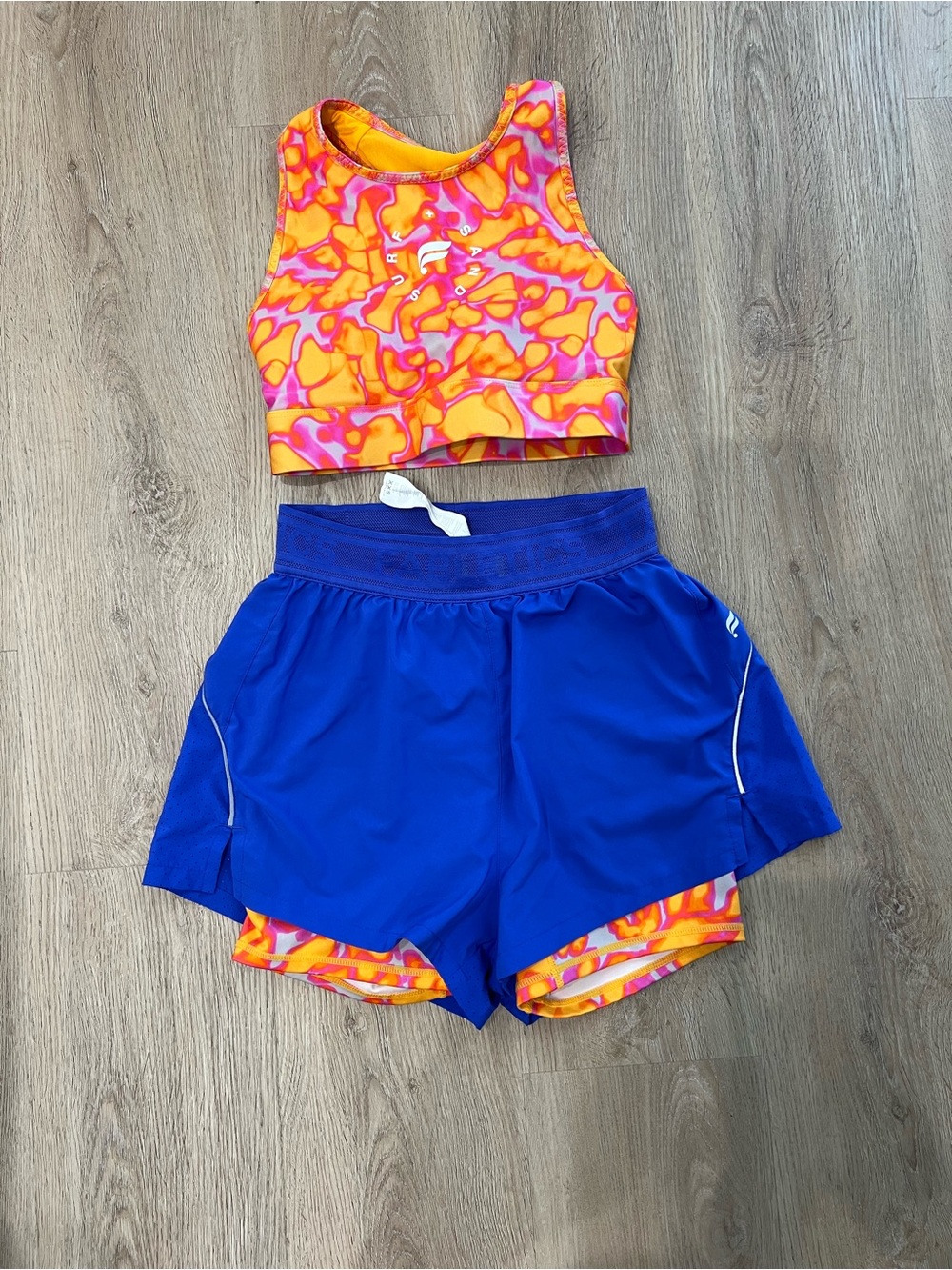 Fabletics Orange & Pink Patterned Sports Bra with Blue Mesh Running Shorts
